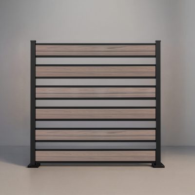 GWF® Horizontal Picket vinyl fence in Woodgrain Walnut, six woodgrain boards with open 4 inch spacing on a 6063-T5 aluminum frame.