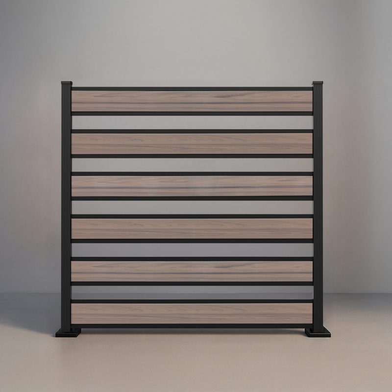 GWF® Horizontal Picket vinyl fence in Woodgrain Walnut, six woodgrain boards with open 4 inch spacing on a 6063-T5 aluminum frame.
