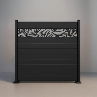 GWF® Leaf Lattice horizontal aluminum fence in Matte Black, nine boards with a leaf-pattern laser-cut 6063-T5 aluminum lattice in matte black AAMA 2604.