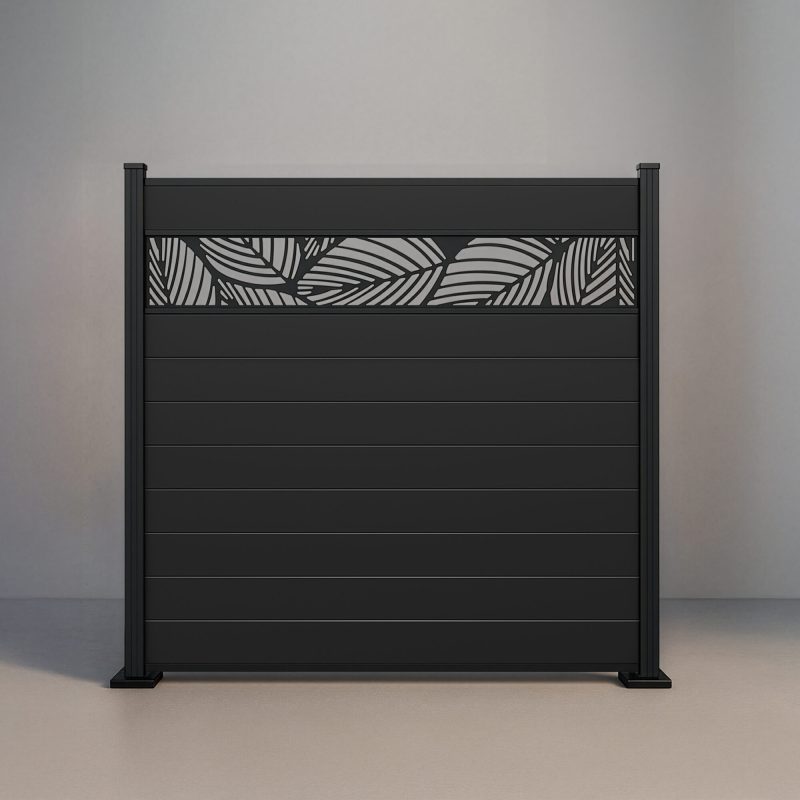 GWF® Leaf Lattice horizontal aluminum fence in Matte Black, nine boards with a leaf-pattern laser-cut 6063-T5 aluminum lattice in matte black AAMA 2604.