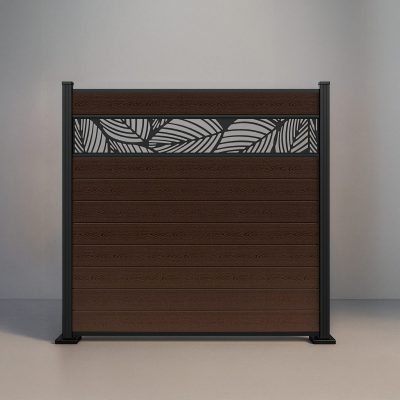GWF® Leaf Lattice horizontal composite fence in Aspen Brown, nine tongue-and-groove boards with a matte black leaf-pattern laser-cut aluminum lattice on a 6063-T5 frame.
