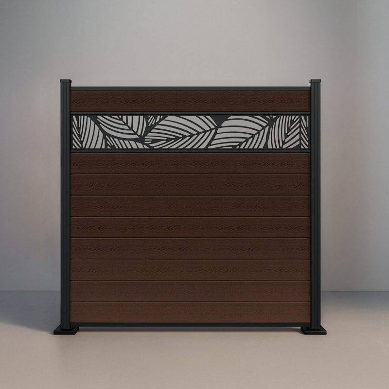 GWF® Leaf Lattice horizontal composite fence in Aspen Brown, nine tongue-and-groove boards with a matte black leaf-pattern laser-cut aluminum lattice on a 6063-T5 frame.