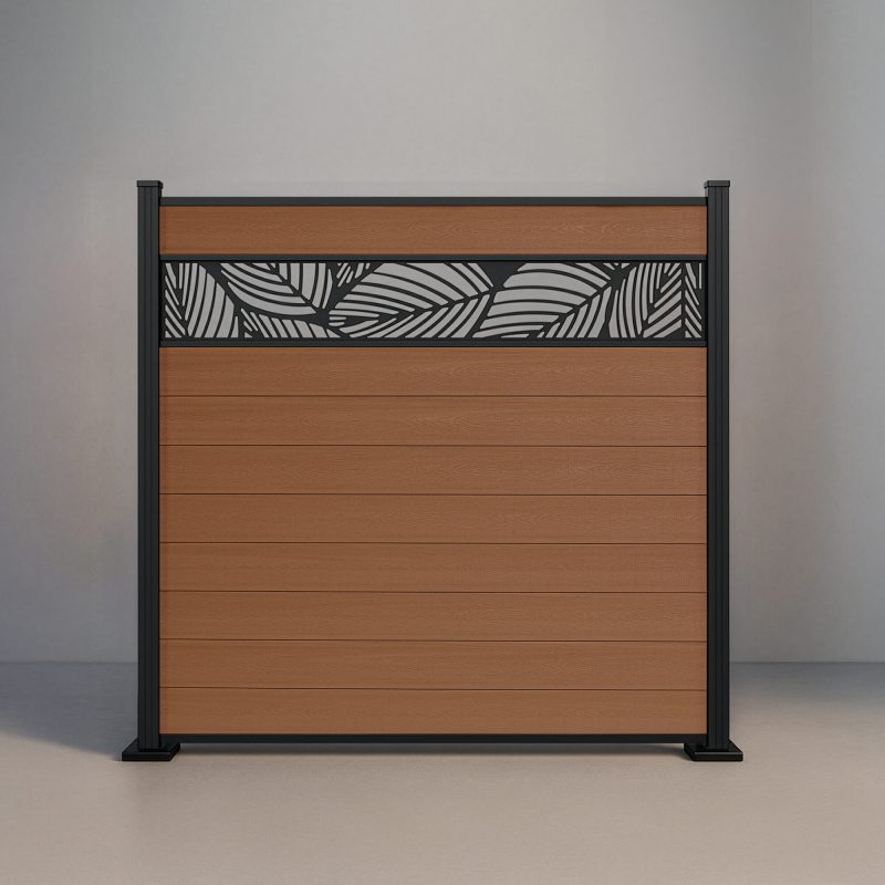 GWF® Leaf Lattice horizontal composite fence in Cedar, nine embossed wood-grain boards with a matte black leaf-pattern laser-cut aluminum lattice on a 6063-T5 frame.