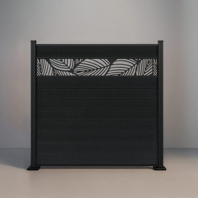 GWF® Leaf Lattice horizontal composite fence in Charcoal, nine tongue-and-groove boards with a matte black leaf-pattern laser-cut aluminum lattice on a 6063-T5 frame.
