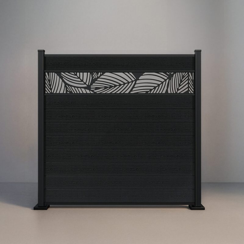 GWF® Leaf Lattice horizontal composite fence in Charcoal, nine tongue-and-groove boards with a matte black leaf-pattern laser-cut aluminum lattice on a 6063-T5 frame.