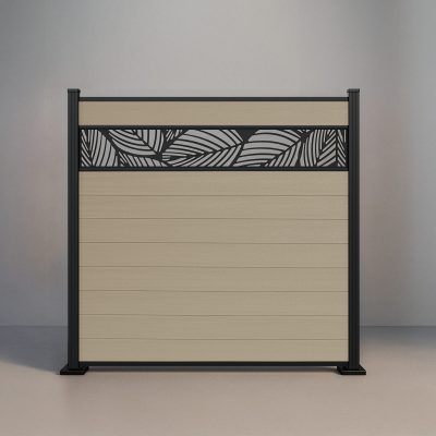 GWF® Leaf Lattice horizontal composite fence in Sandy Birch, nine embossed wood-grain boards with a matte black leaf-pattern laser-cut aluminum lattice on a 6063-T5 frame.