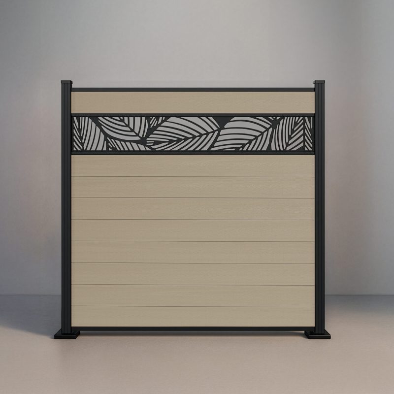 GWF® Leaf Lattice horizontal composite fence in Sandy Birch, nine embossed wood-grain boards with a matte black leaf-pattern laser-cut aluminum lattice on a 6063-T5 frame.