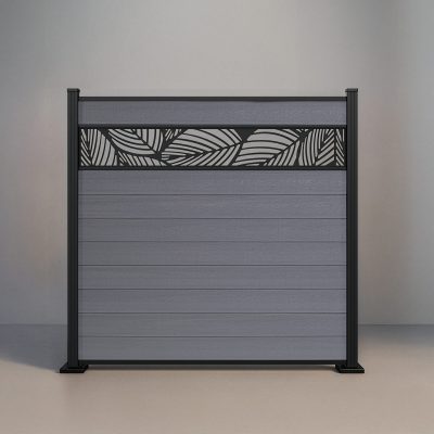 GWF® Leaf Lattice horizontal composite fence in Storm Grey, nine tongue-and-groove boards with a matte black leaf-pattern laser-cut aluminum lattice on a 6063-T5 frame.