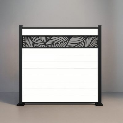 GWF® Leaf Lattice horizontal vinyl fence in Mykonian White, nine smooth boards with a matte black leaf-pattern laser-cut aluminum lattice on a 6063-T5 frame.