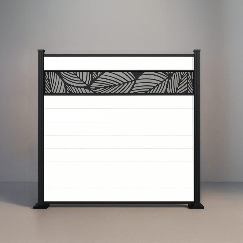 GWF® Leaf Lattice horizontal vinyl fence in Mykonian White, nine smooth boards with a matte black leaf-pattern laser-cut aluminum lattice on a 6063-T5 frame.