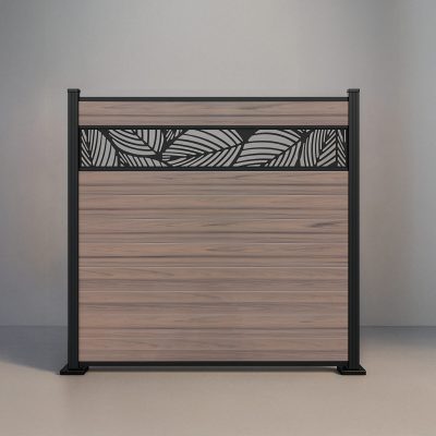 GWF® Leaf Lattice horizontal vinyl fence in Woodgrain Walnut, nine woodgrain boards with a matte black leaf-pattern laser-cut aluminum lattice band.