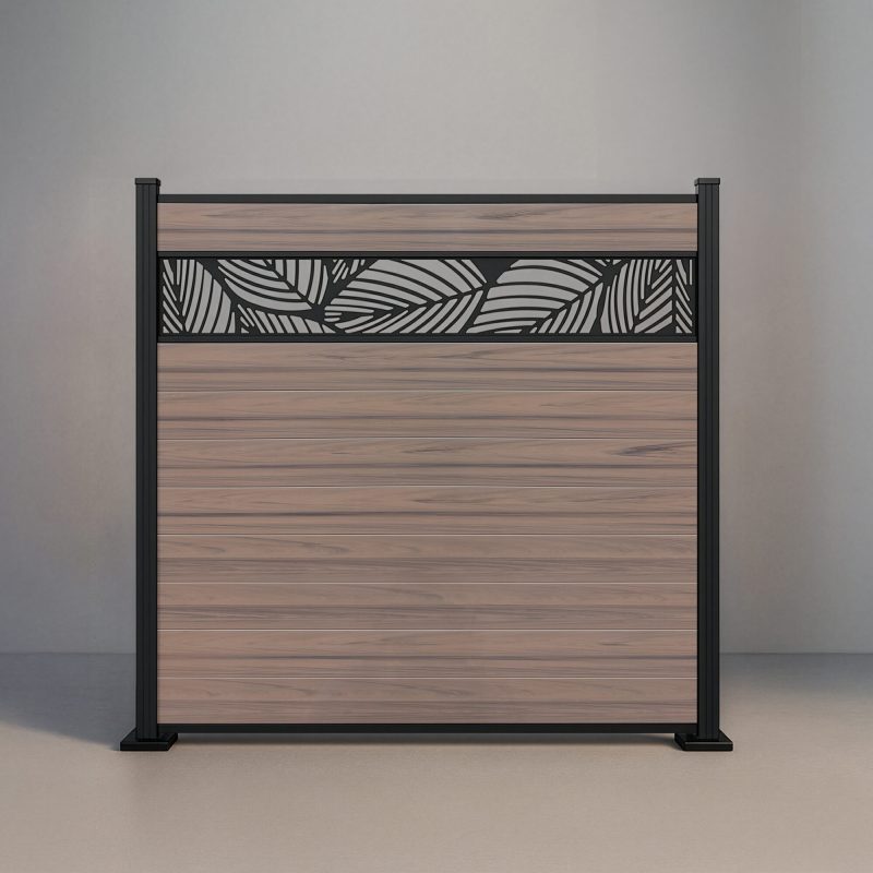 GWF® Leaf Lattice horizontal vinyl fence in Woodgrain Walnut, nine woodgrain boards with a matte black leaf-pattern laser-cut aluminum lattice band.