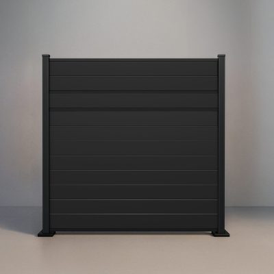 GWF® Modern Privacy horizontal aluminum fence in Matte Black, eleven solid boards with two mid-rail reveals and a unified powder-coat finish.