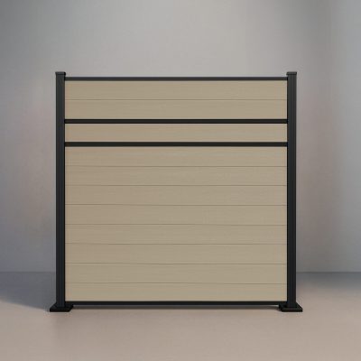 GWF® Modern Privacy horizontal composite fence in Sandy Birch, eleven solid light wood-grain boards with two mid-rail reveals and matte black aluminum posts.