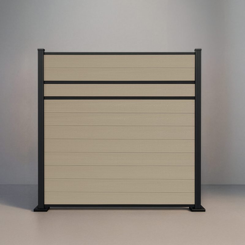 GWF® Modern Privacy horizontal composite fence in Sandy Birch, eleven solid light wood-grain boards with two mid-rail reveals and matte black aluminum posts.