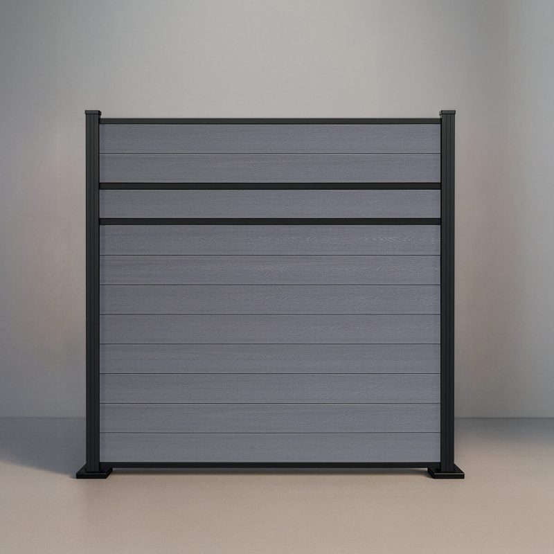 GWF® Modern Privacy horizontal composite fence in Storm Grey, eleven solid wood-grain boards with two mid-rail reveals and matte black aluminum posts.
