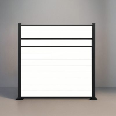 GWF® Modern Privacy horizontal vinyl fence in Mykonian White, eleven solid smooth boards with two mid-rail reveals and matte black aluminum posts.
