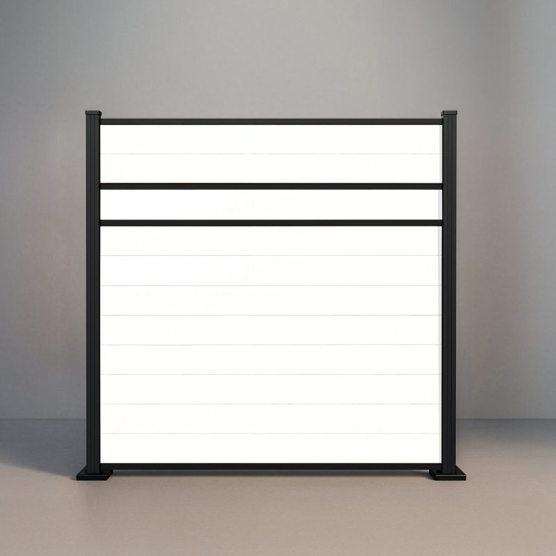 GWF® Modern Privacy horizontal vinyl fence in Mykonian White, eleven solid smooth boards with two mid-rail reveals and matte black aluminum posts.