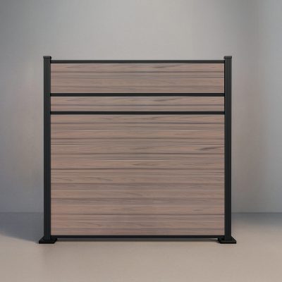 GWF® Modern Privacy horizontal vinyl fence in Woodgrain Walnut, eleven solid woodgrain boards with two slim mid-rail reveals and matte black posts.
