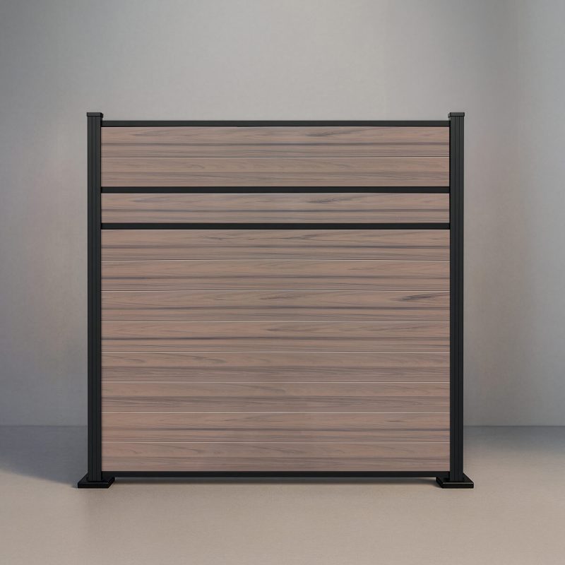 GWF® Modern Privacy horizontal vinyl fence in Woodgrain Walnut, eleven solid woodgrain boards with two slim mid-rail reveals and matte black posts.