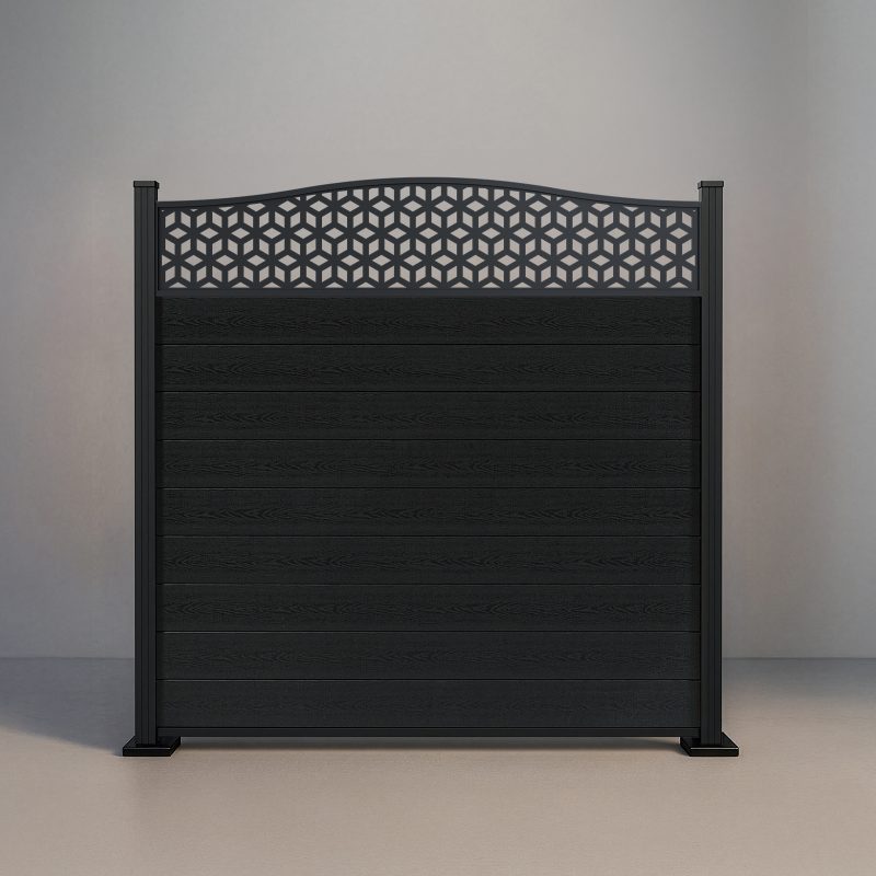 Six-foot Crescent Top Lattice fence with Charcoal composite infill and black aluminum standard posts