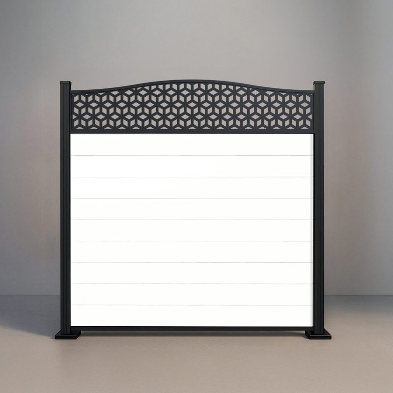 Six-foot Crescent Top Lattice fence with Mykonian White vinyl infill and black aluminum standard posts