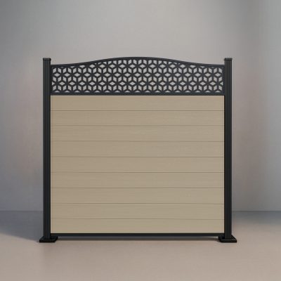 Six-foot Crescent Top Lattice fence with Sandy Birch composite infill and black aluminum standard posts