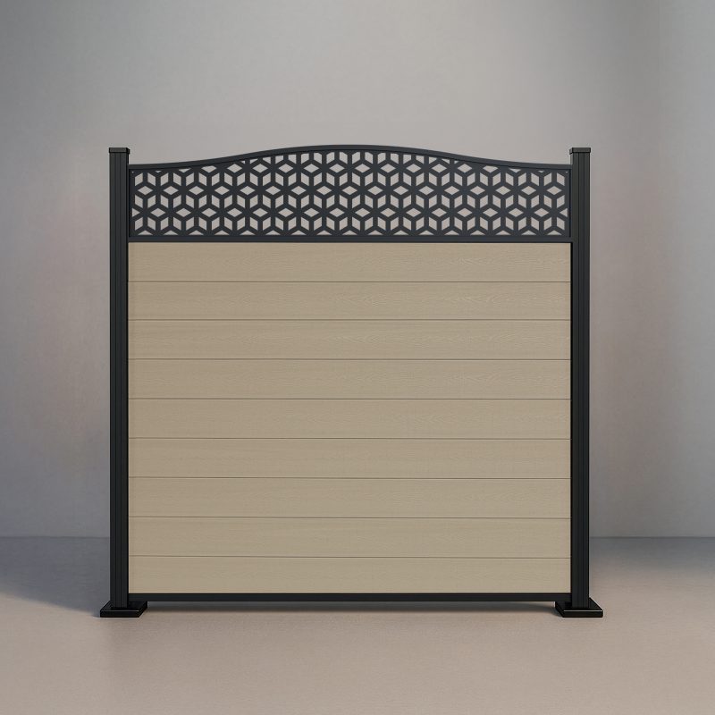 Six-foot Crescent Top Lattice fence with Sandy Birch composite infill and black aluminum standard posts
