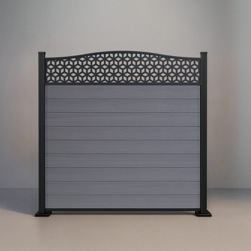 Six-foot Crescent Top Lattice fence with Storm Grey composite infill and black aluminum standard posts