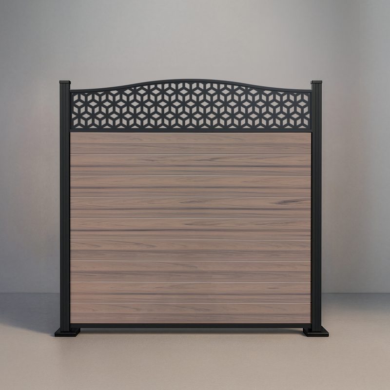 Six-foot Crescent Top Lattice fence with Woodgrain Walnut vinyl infill and black aluminum standard posts