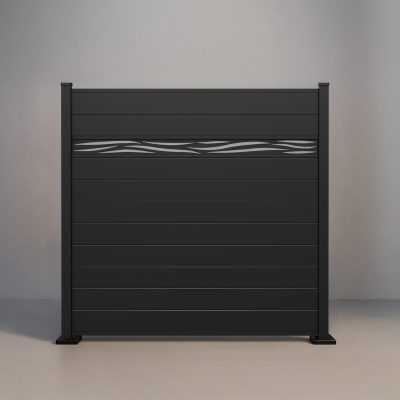 GWF® Waveform Lattice horizontal aluminum fence in Matte Black, ten boards with a laser-cut 6063-T5 aluminum waveform accent in matte black AAMA 2604.
