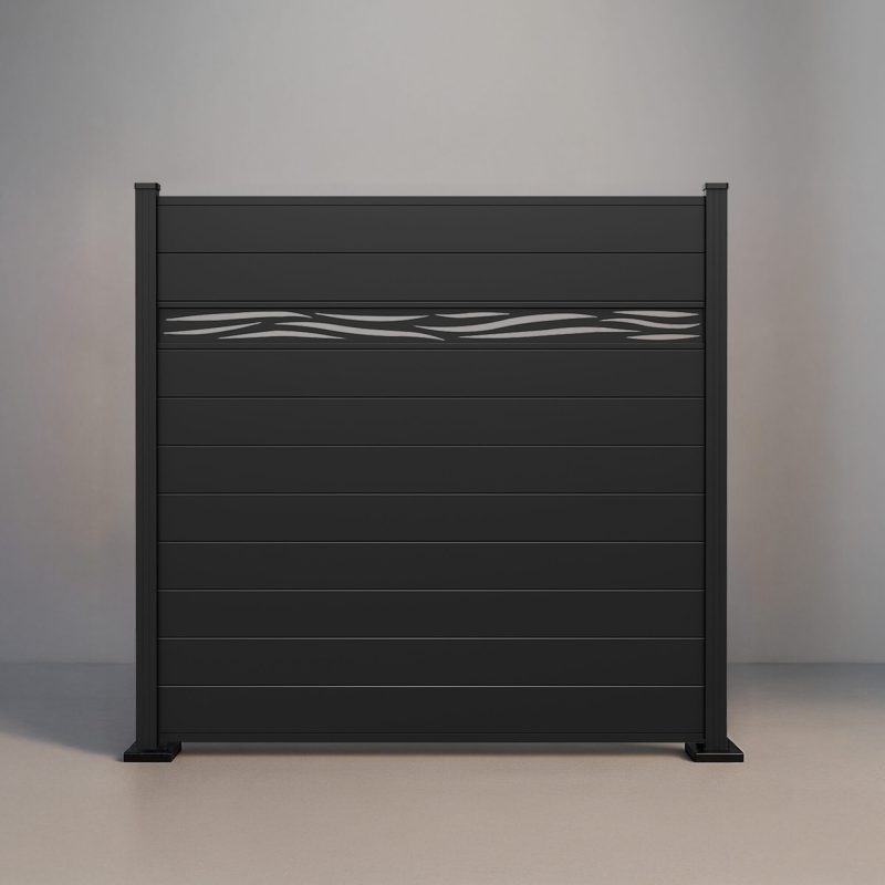 GWF® Waveform Lattice horizontal aluminum fence in Matte Black, ten boards with a laser-cut 6063-T5 aluminum waveform accent in matte black AAMA 2604.