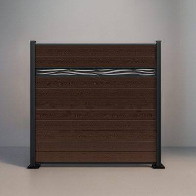 GWF® Waveform Lattice horizontal composite fence in Aspen Brown, ten tongue-and-groove boards with a matte black laser-cut aluminum waveform accent on a 6063-T5 frame.