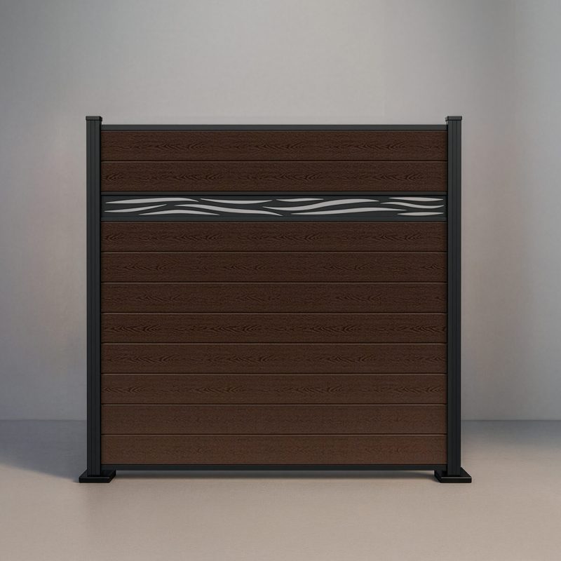 GWF® Waveform Lattice horizontal composite fence in Aspen Brown, ten tongue-and-groove boards with a matte black laser-cut aluminum waveform accent on a 6063-T5 frame.