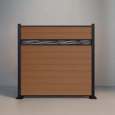 GWF® Waveform Lattice horizontal composite fence in Cedar, ten embossed wood-grain boards with a matte black laser-cut aluminum waveform accent on a 6063-T5 frame.