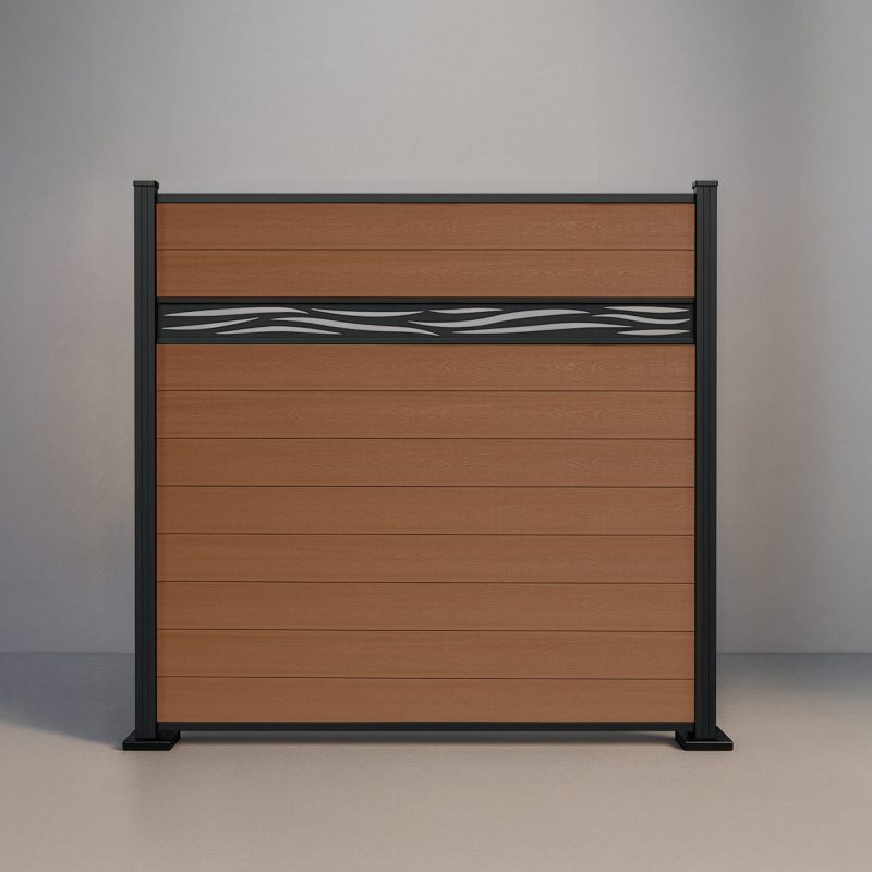 GWF® Waveform Lattice horizontal composite fence in Cedar, ten embossed wood-grain boards with a matte black laser-cut aluminum waveform accent on a 6063-T5 frame.