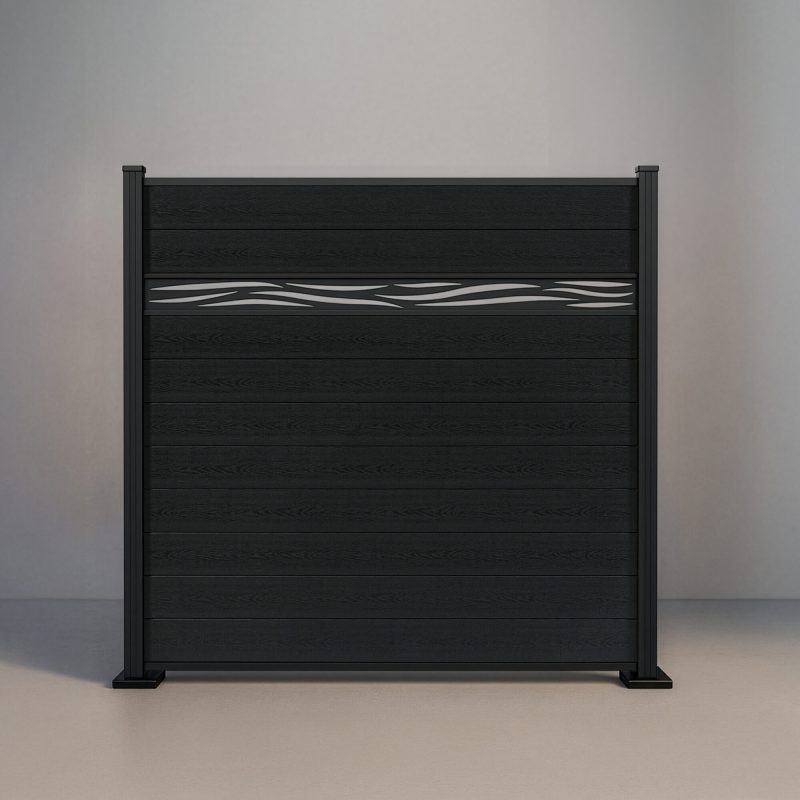 GWF® Waveform Lattice horizontal composite fence in Charcoal, ten tongue-and-groove boards with a matte black laser-cut aluminum waveform accent on a 6063-T5 frame.