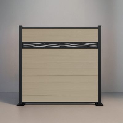 GWF® Waveform Lattice horizontal composite fence in Sandy Birch, ten embossed wood-grain boards with a matte black laser-cut aluminum waveform accent on a 6063-T5 frame.