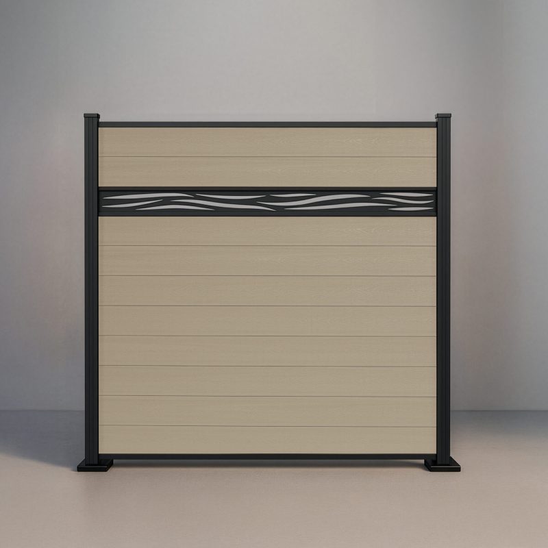 GWF® Waveform Lattice horizontal composite fence in Sandy Birch, ten embossed wood-grain boards with a matte black laser-cut aluminum waveform accent on a 6063-T5 frame.