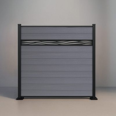 GWF® Waveform Lattice horizontal composite fence in Storm Grey, ten tongue-and-groove boards with a matte black laser-cut aluminum waveform accent on a 6063-T5 frame.
