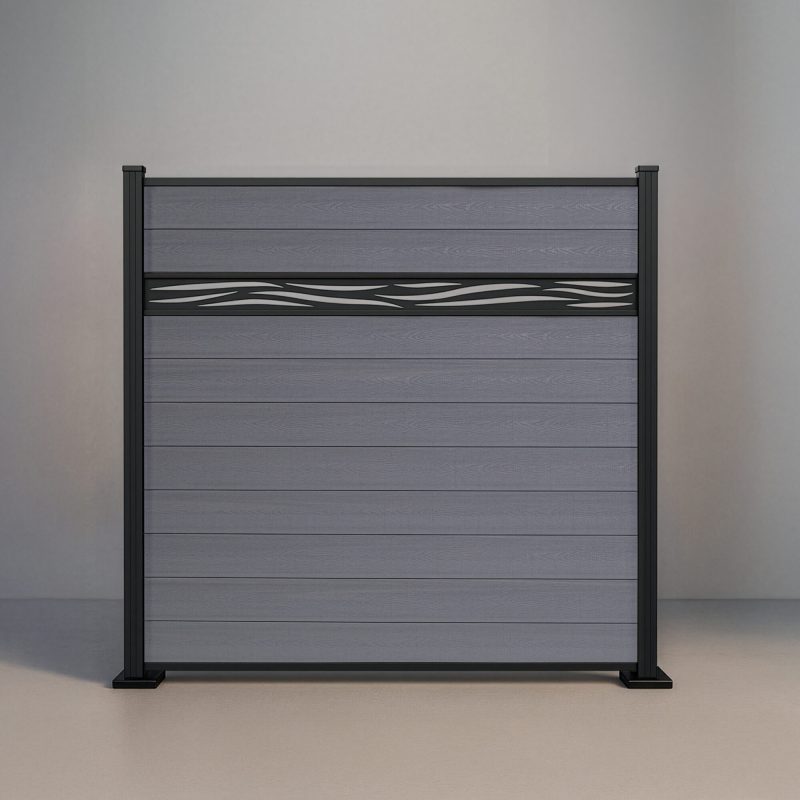 GWF® Waveform Lattice horizontal composite fence in Storm Grey, ten tongue-and-groove boards with a matte black laser-cut aluminum waveform accent on a 6063-T5 frame.