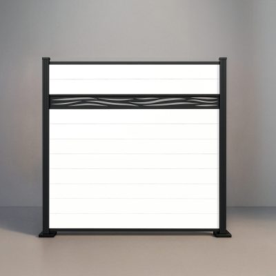 GWF® Waveform Lattice horizontal vinyl fence in Mykonian White, ten smooth boards with a matte black laser-cut aluminum waveform accent on a 6063-T5 frame.