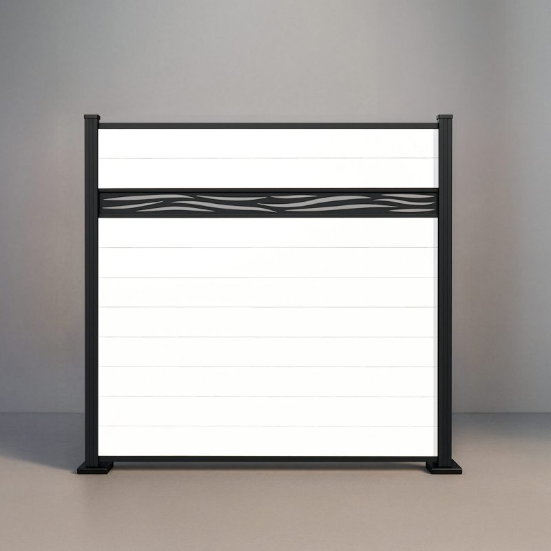 GWF® Waveform Lattice horizontal vinyl fence in Mykonian White, ten smooth boards with a matte black laser-cut aluminum waveform accent on a 6063-T5 frame.