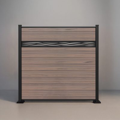 GWF® Waveform Lattice horizontal vinyl fence in Woodgrain Walnut, ten woodgrain boards with a matte black laser-cut aluminum waveform accent band.