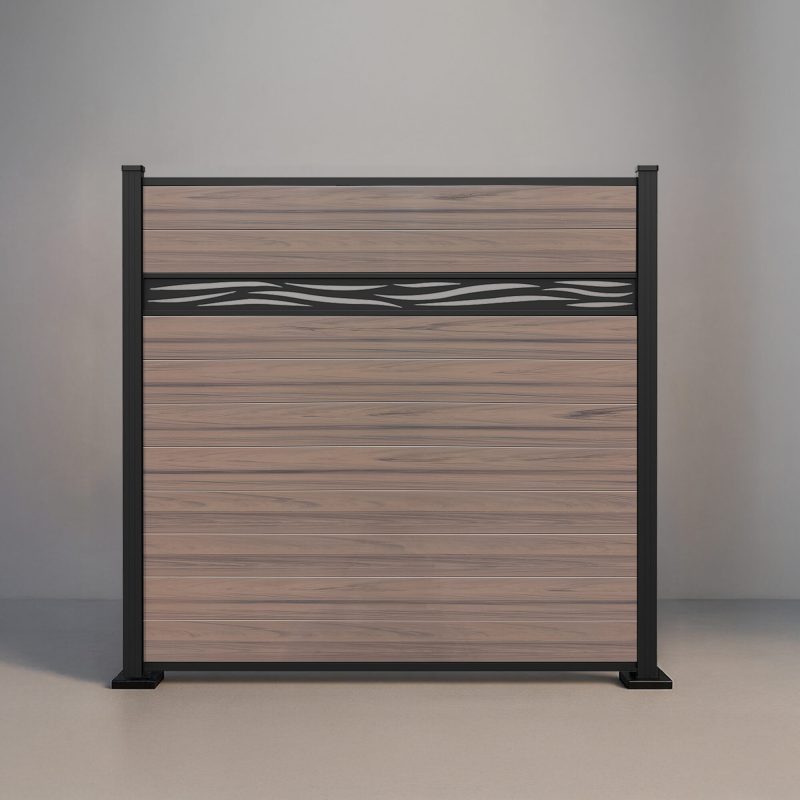 GWF® Waveform Lattice horizontal vinyl fence in Woodgrain Walnut, ten woodgrain boards with a matte black laser-cut aluminum waveform accent band.
