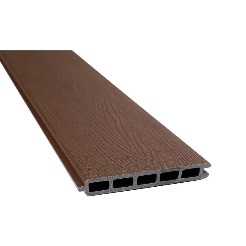Greenwood Fence Aspen Brown capped composite fence board with woodgrain surface, tongue-and-groove edge, and five chamber hollow profile