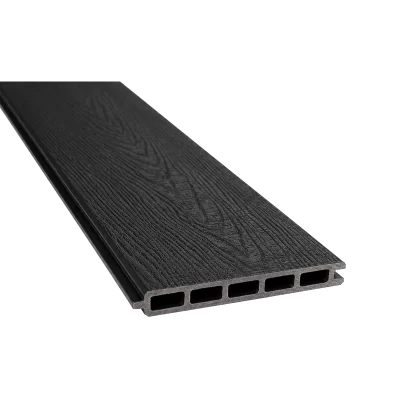 Greenwood Fence Charcoal capped composite fence board with woodgrain surface, tongue-and-groove edge, and five-chamber hollow profile