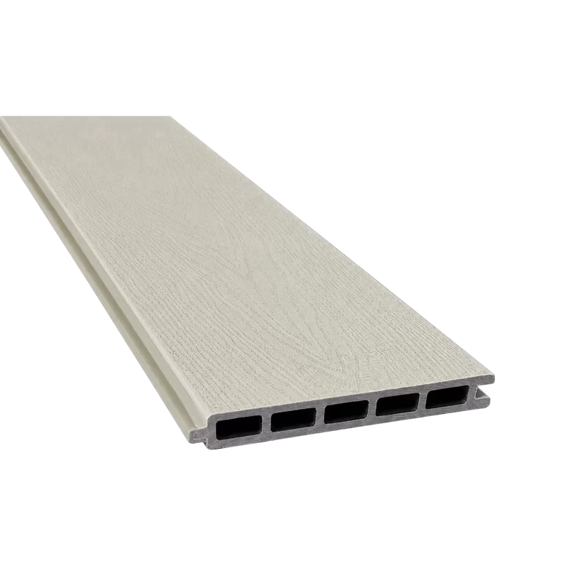 Greenwood Fence Sandy Birch capped composite fence board with woodgrain surface, tongue-and-groove edge, and five-chamber hollow profile
