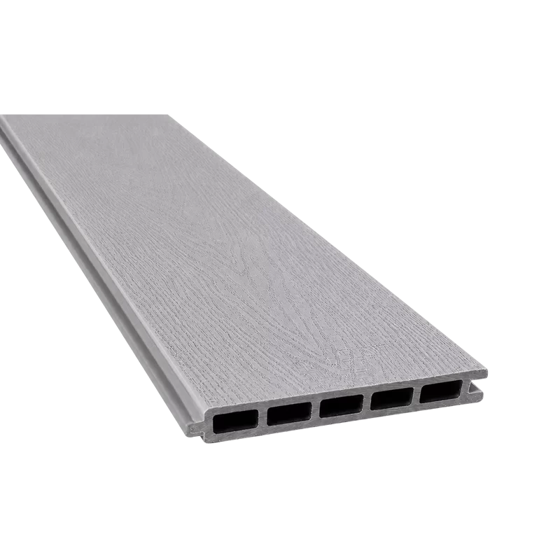 Greenwood Fence Storm Grey capped composite fence board with woodgrain surface, tongue-and-groove edge, and five-chamber hollow profile