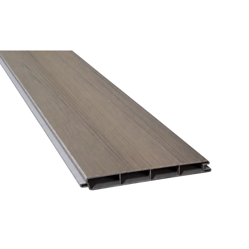 Greenwood Fence Woodgrain Walnut premium vinyl fence board with extruded woodgrain finish, tongue-and-groove edges, and hollow-core profile
